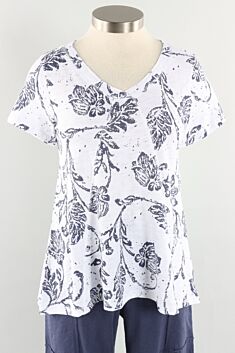 Pieced V-Neck Tunic - White Hibiscus Print