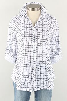 Stand Up Collar Blouse - White & Navy