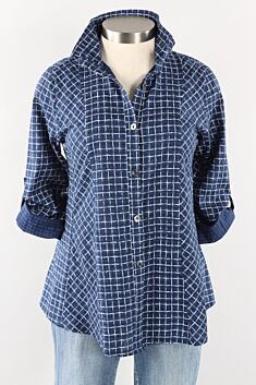 Stand Up Collar Blouse - Navy & White