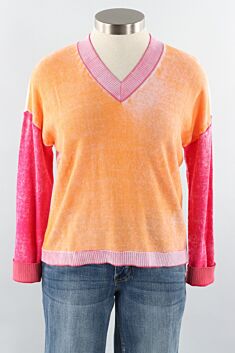 Reverse Print Colorblock Sweater - Tangerine