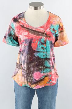 Button Accent Top - Joanne Print