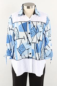 Ruched Sleeve Blouse - Blue & White