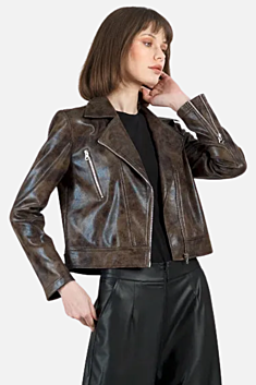 Distressed Moto Jacket - Brown Vegan Leather