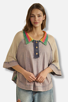 Washed Crochet Button Top - Blue 