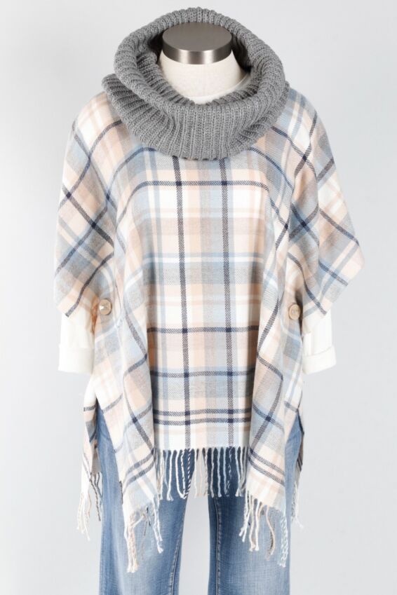 Plaid Poncho - Light Blue