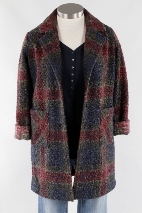 Boucle  Coat - Wine Plaid