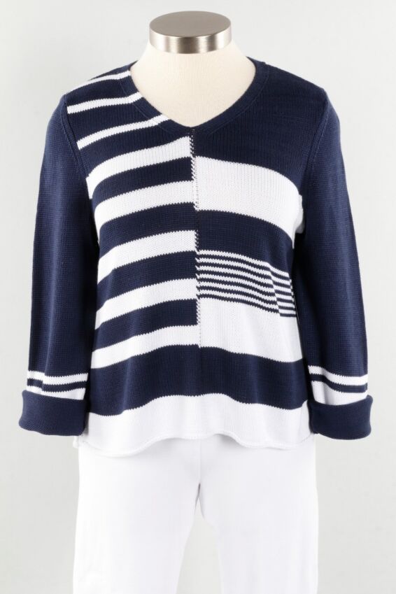 Mixed Stripe Cable Pullover - Navy