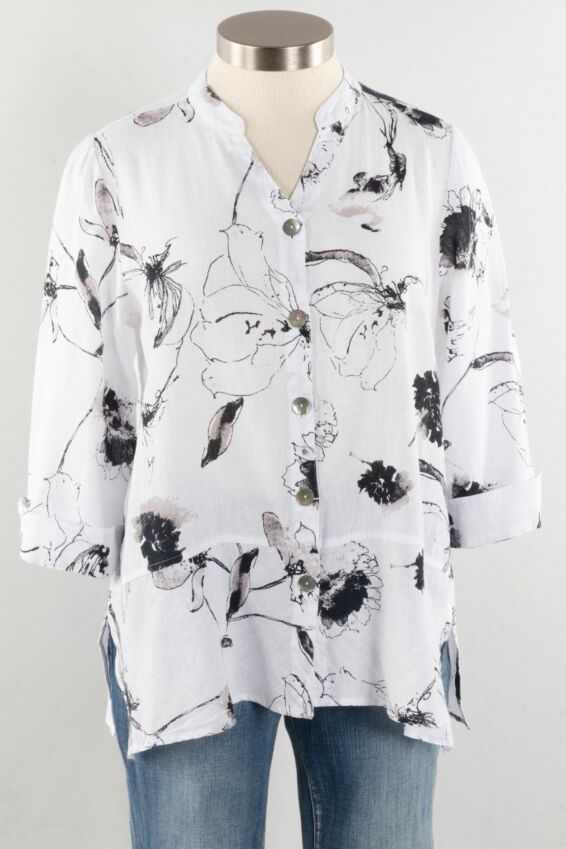 Split Mandarin Shirt - White Floral