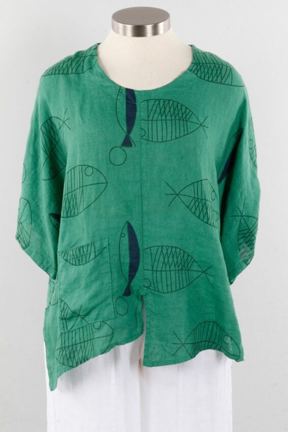 Flutter Pocket Top - Green Bone Fish Pattern