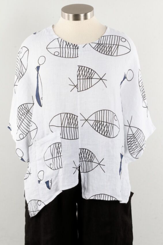 Flutter Pocket Top - White Bone Fish Pattern