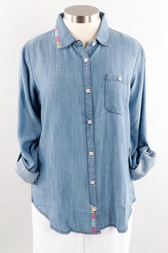 Embroidered Button Down - Light Indigo