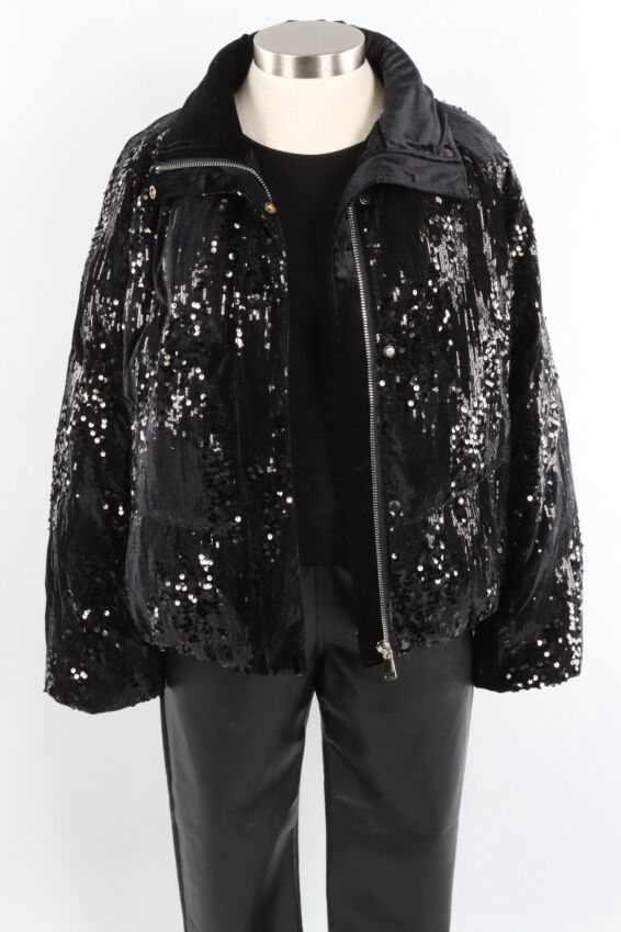 Sequin Puffer Down Jacket - Black