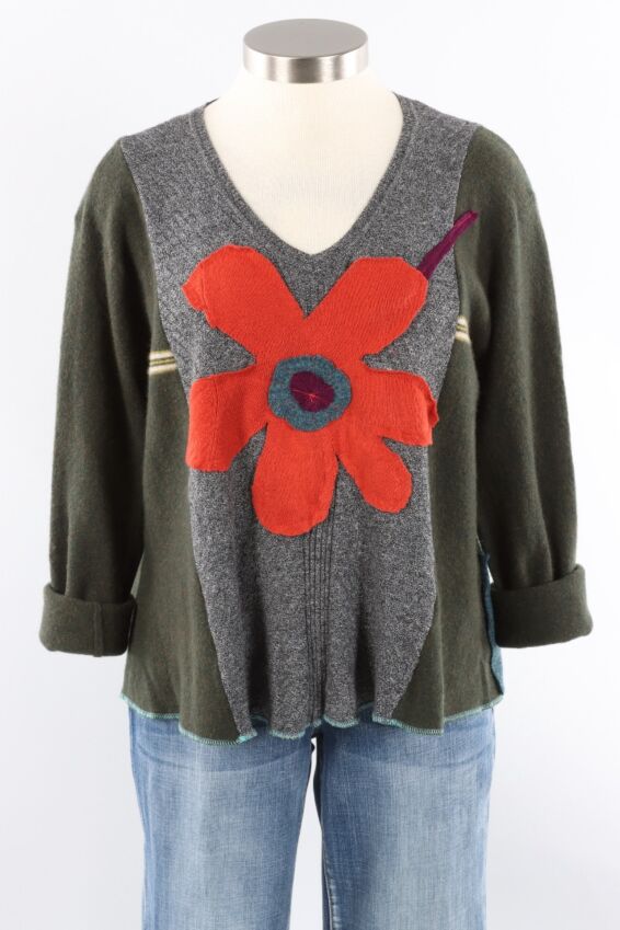 Big Flower Sweater - Grey & Forest #1