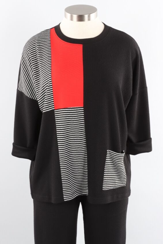 Colorblock Waffle Top Plus - Black White & Red