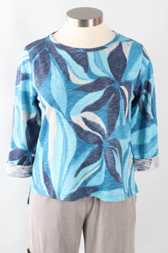 Stepped Hem Boxy Tee - Lapis Abstract Floral 