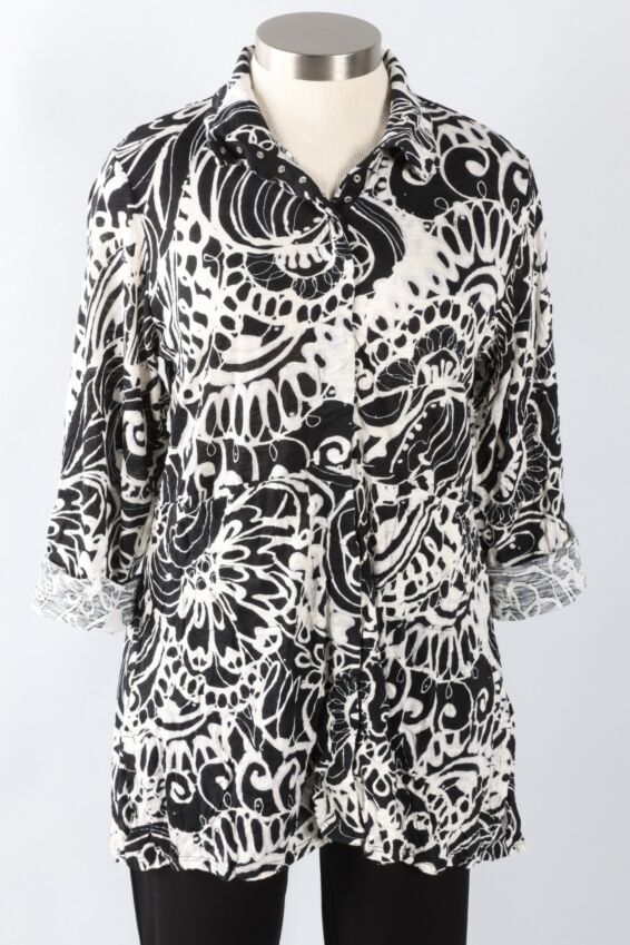Snap Front Tunic - Black Modern Scroll