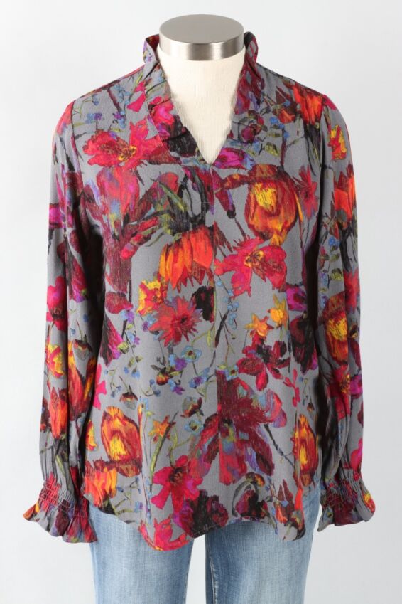 Flounce Collar Pullover - Iron Botanical Bliss