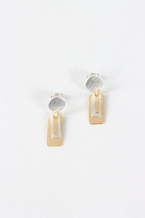 Layered Rectangle Earring - Silver & Brass