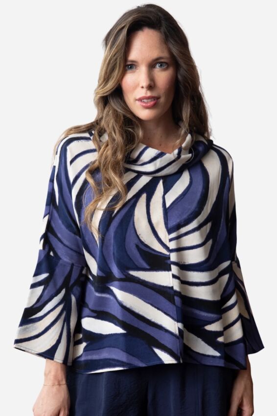 City Cowl Pullover - Navy Abstract Waves