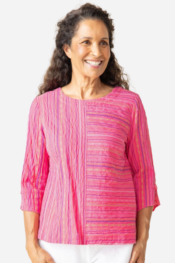 Button Back Pullover - Hot Pink Baja Weave