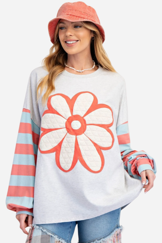 Quilted Flower Patch Pullover - Light Heather Grey