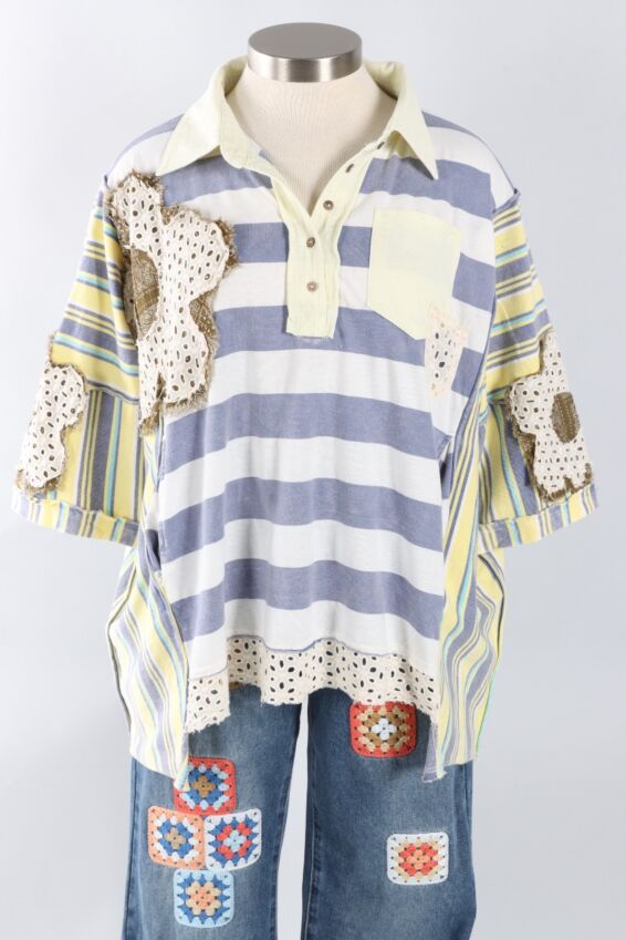 Striped Patchwork Top - Blue & Lemon