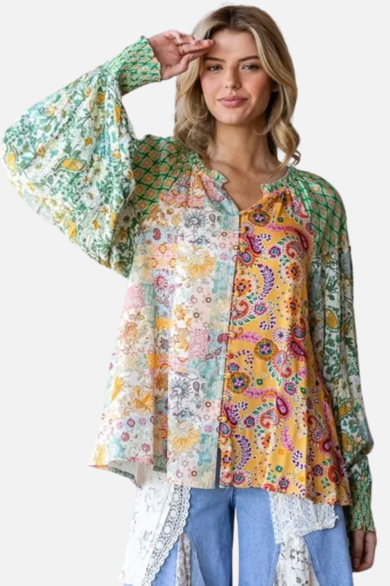 Button Front Blouse - Green Combo