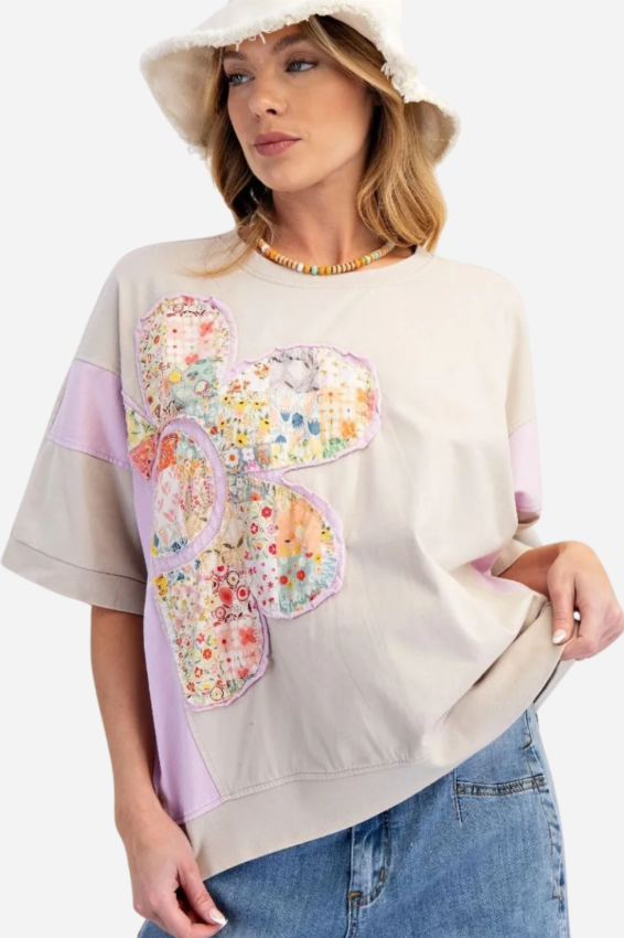 Patchwork Flower Top - Lilac & Khaki