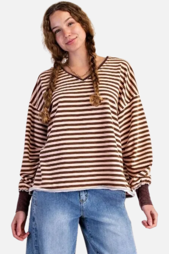 Striped Terry Pullover - Rose & Brown