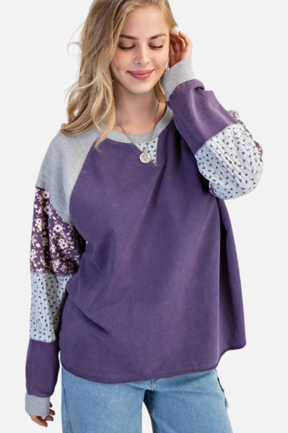 Patchwork Sleeve Pullover - Violet