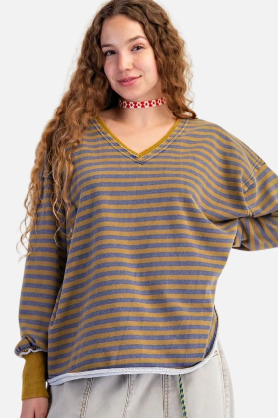 Striped Terry Pullover - Olive & Navy