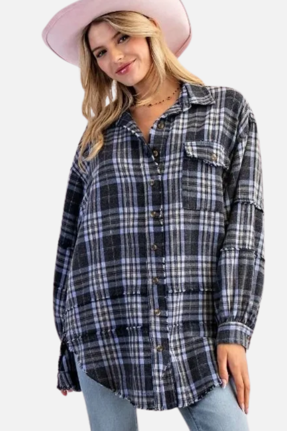 Oversized Plaid Shirt - Navy