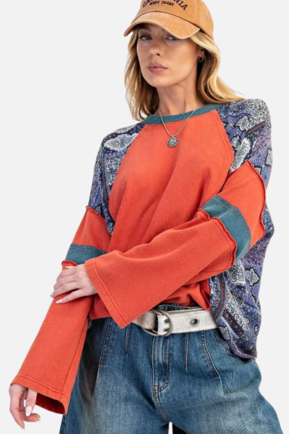 Mixed Print Jersey Top - Boho Red