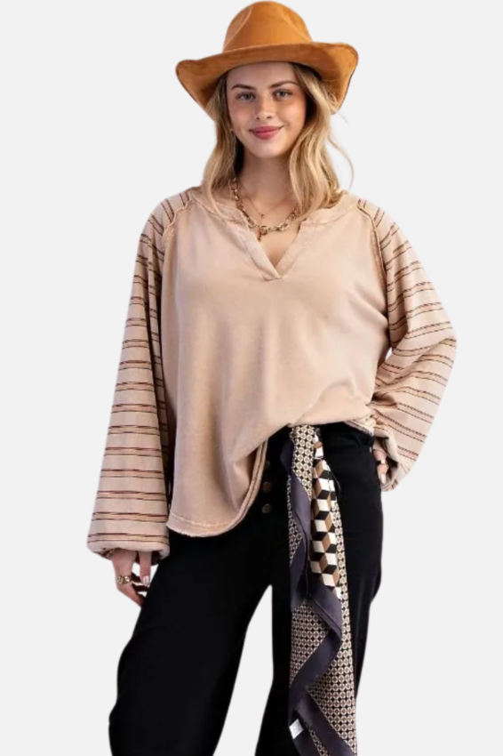 Striped Sleeve Pullover - Latte