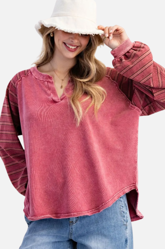 Striped Sleeve Pullover - Raspberry