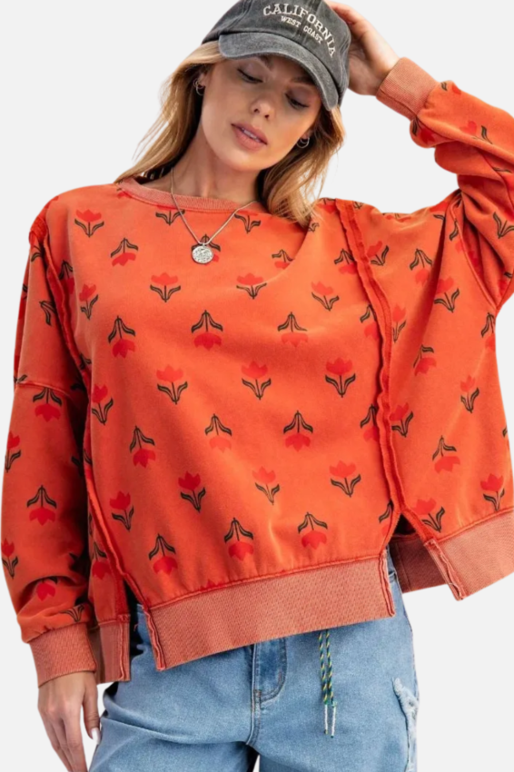 Tulip Print Pullover - Boho Red