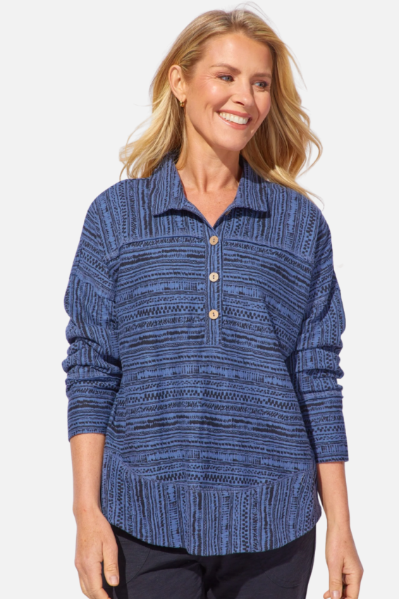 Seaside Pullover - Denim Woodblock Stripe