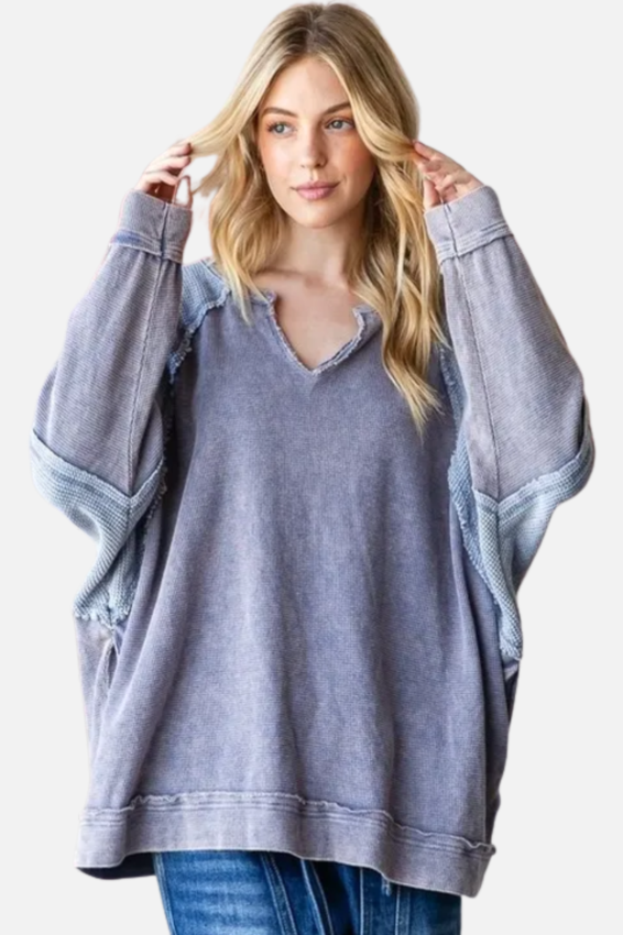 Notched V-Neck Pullover - Blue