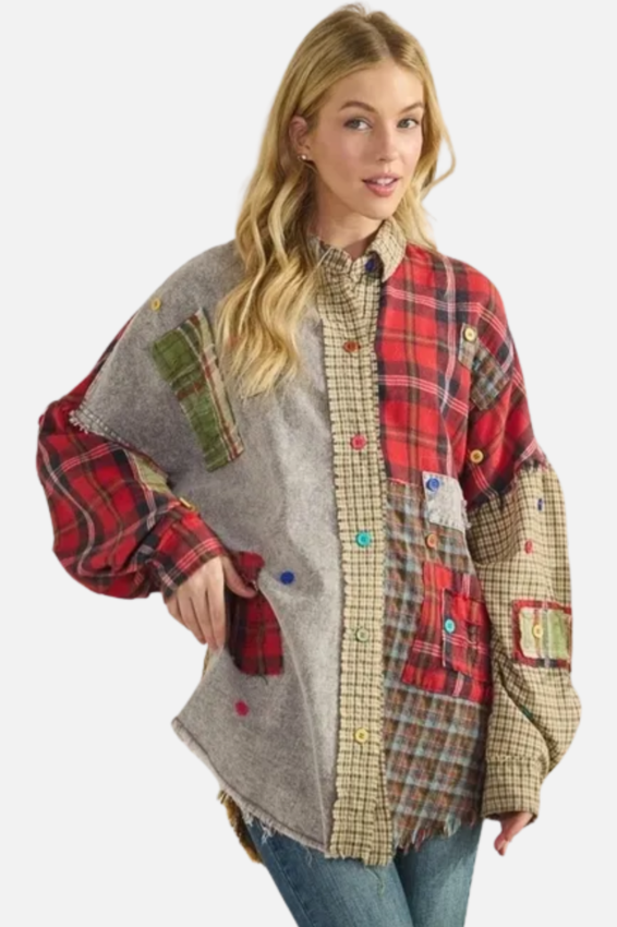 Plaid Patchwork Shirt - Red