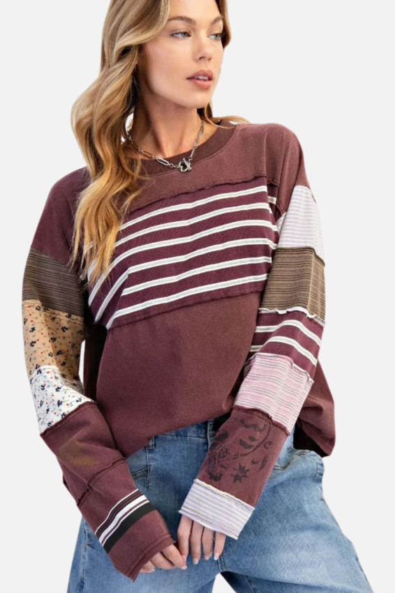 Mixed Stripe Pullover - Grape