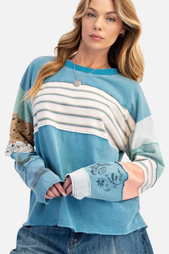 Mixed Stripe Pullover - Teal