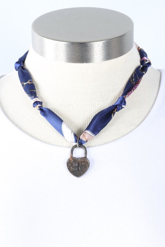 Scarf Necklace - Navy Heart Lock Pendant B