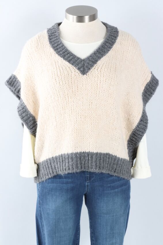 Contrast Trim Vest - Ivory & Grey