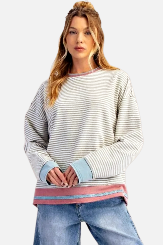 Striped Terry Pullover - Heather Grey