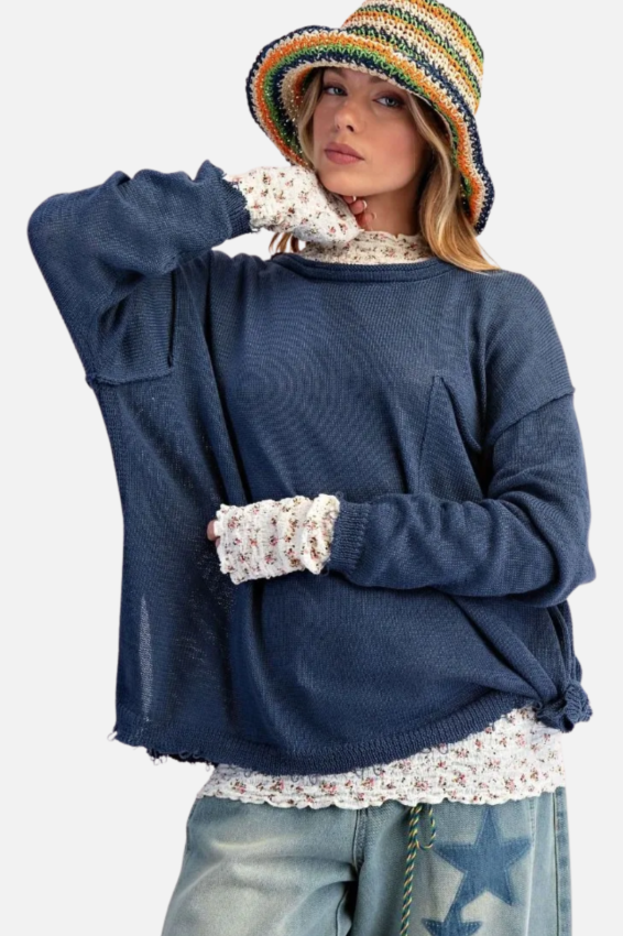 Knitted Boxy Pullover - Dark Denim