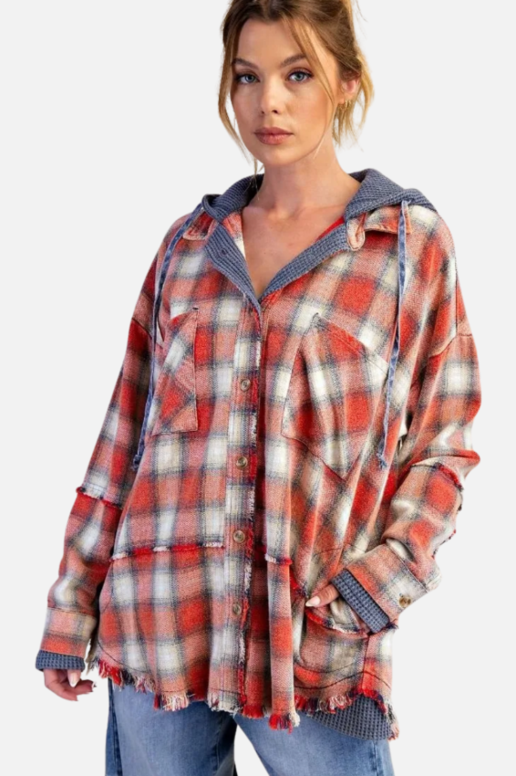 Button Down Shacket - Navy & Red