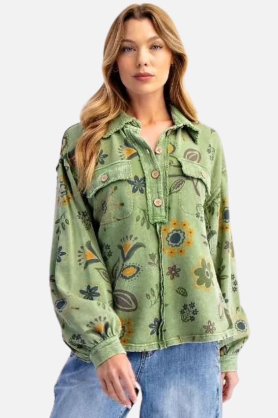 Floral Print Pullover - Juniper Green