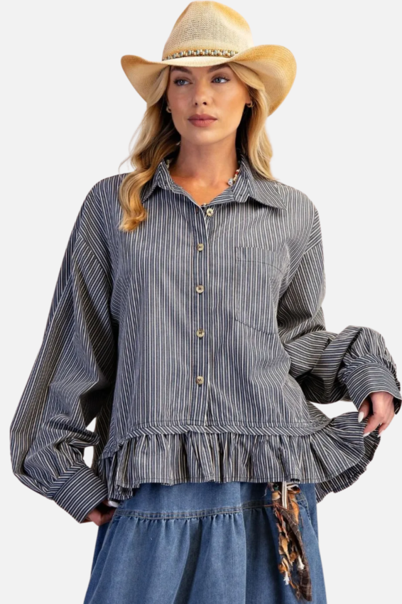 Striped Poplin Button Down - Navy