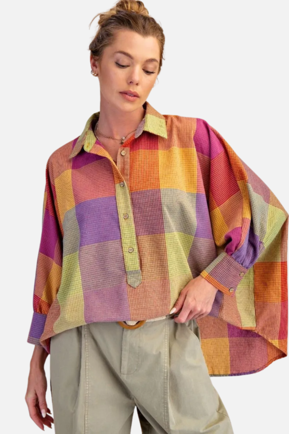 Button Down Oversized Shirt - Berry Mix