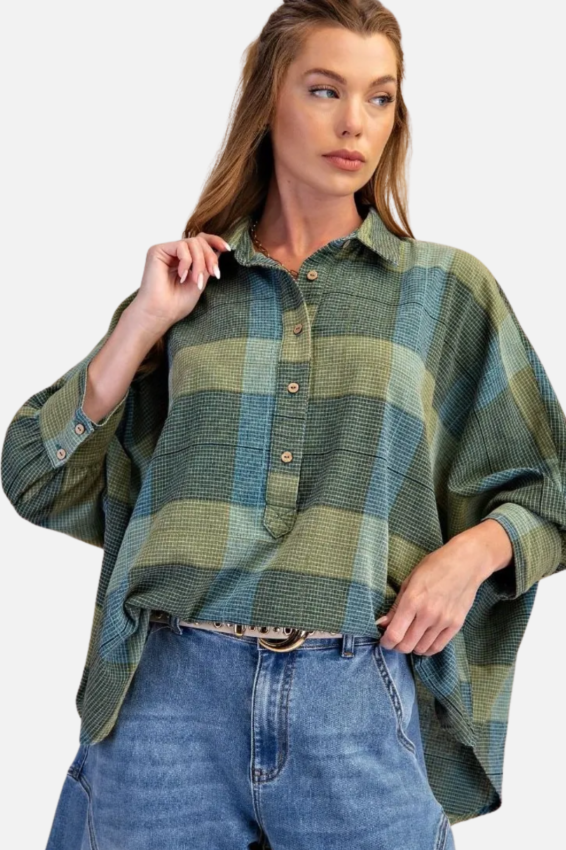 Button Down Oversized Shirt - Teal Green